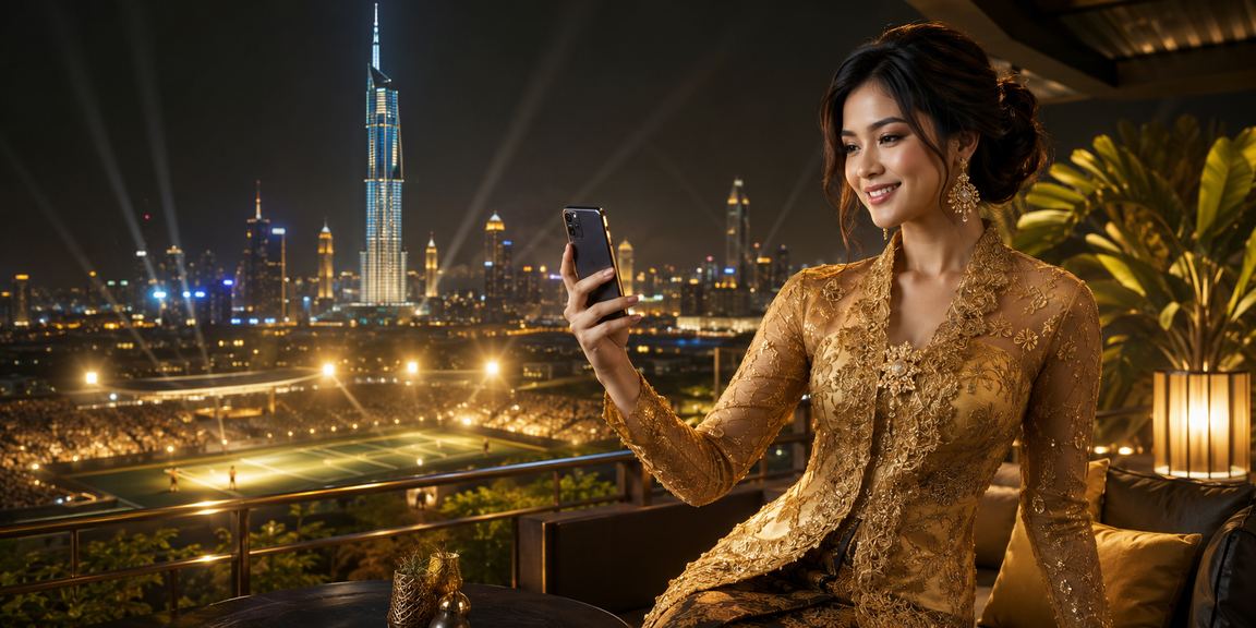 Pemain wanita berbaju kebaya mengakses platform pertaruhan sukan melalui telefon di Kuala Lumpur
