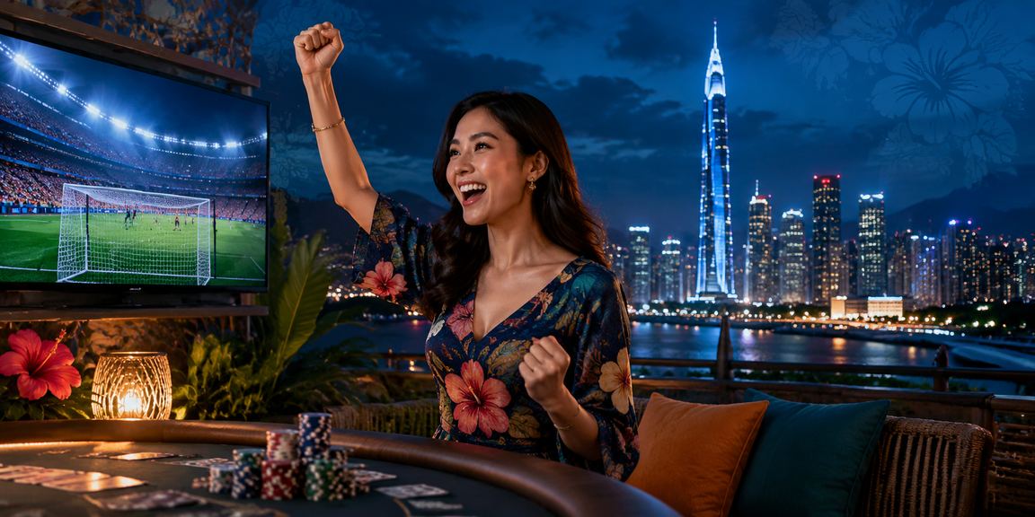 Permainan poker dalam talian bergaya Kuala Lumpur dengan latar bandar malam